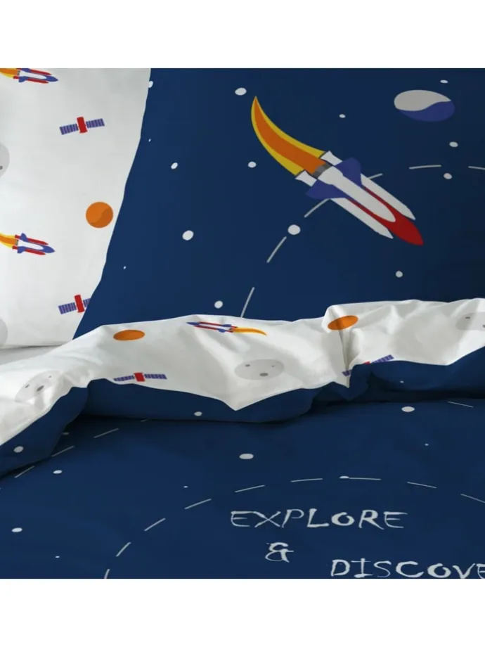 Bettwäsche-Set "Weltall, Rakete, Planeten" in Dunkelblau