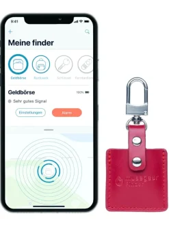 Bluetooth-Schlüsselfinder "Finder 2" in bordeaux roter Ledertasche