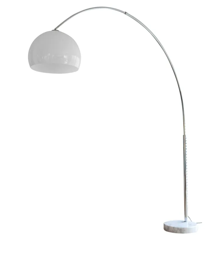 Bogenlampe verstellbar dimmbar mit Marmorfuß und Kunststoffschirm in Weiß