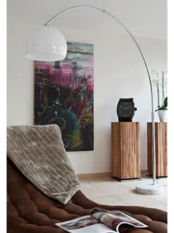 Bogenlampe verstellbar dimmbar mit Marmorfuß und Kunststoffschirm in Weiß