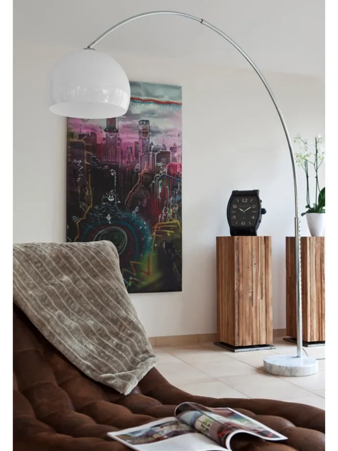 Bogenlampe verstellbar dimmbar mit Marmorfuß und Kunststoffschirm in Weiß