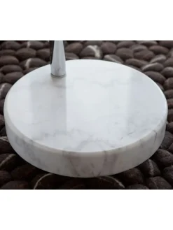 Bogenlampe verstellbar dimmbar mit Marmorfuß und Kunststoffschirm in Weiß