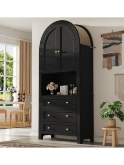 Bogenschrank in Schwarz mit Schubladen Türen und offenem Regal Hoch