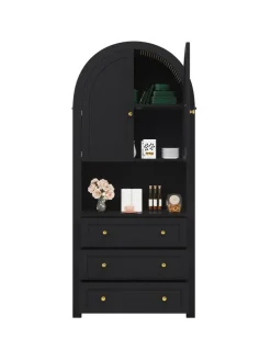 Bogenschrank in Schwarz mit Schubladen Türen und offenem Regal Hoch