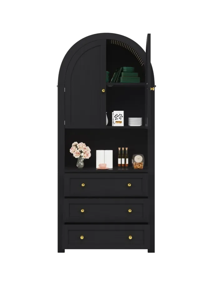 Bogenschrank in Schwarz mit Schubladen Türen und offenem Regal Hoch