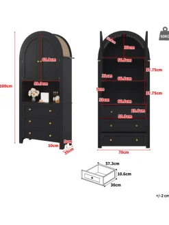 Bogenschrank in Schwarz mit Schubladen Türen und offenem Regal Hoch