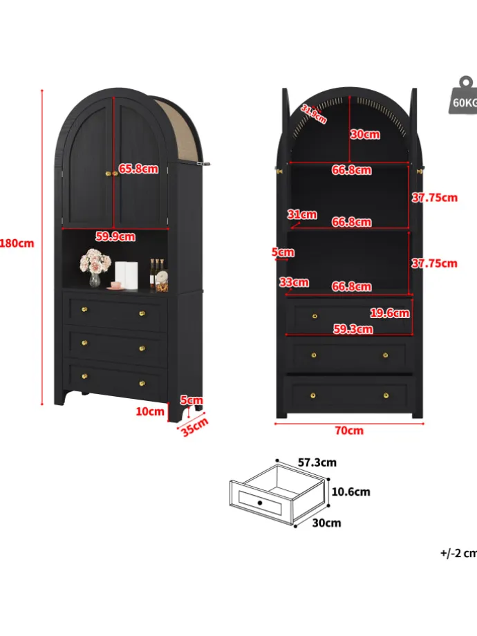 Bogenschrank in Schwarz mit Schubladen Türen und offenem Regal Hoch
