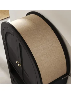 Bogenschrank in Schwarz mit Schubladen Türen und offenem Regal Hoch