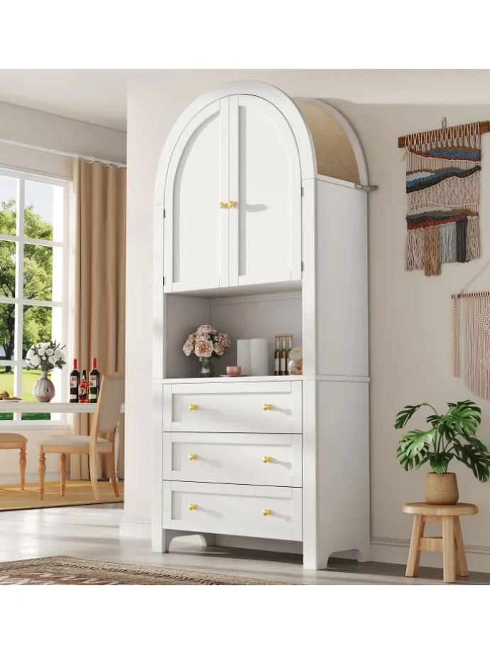 Bogenschrank in Weiß mit Schubladen Türen und offenem Regal Hoch