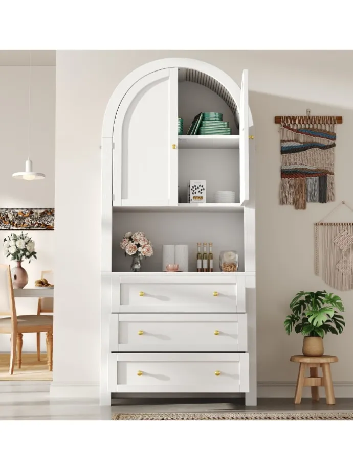 Bogenschrank in Weiß mit Schubladen Türen und offenem Regal Hoch