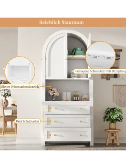Bogenschrank in Weiß mit Schubladen Türen und offenem Regal Hoch