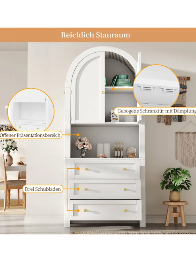 Bogenschrank in Weiß mit Schubladen Türen und offenem Regal Hoch