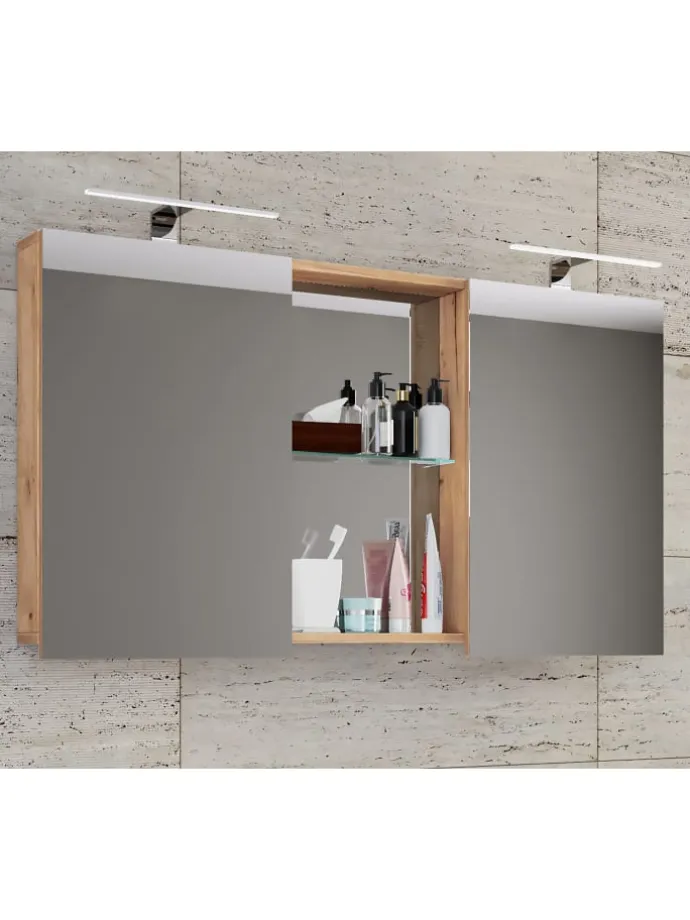 Breiter Spiegelschrank Spiegel Budasi mit Ablage in Honig-Eiche