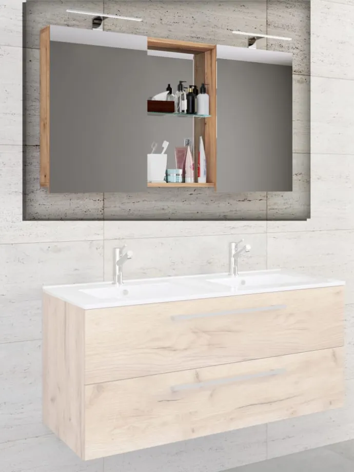 Breiter Spiegelschrank Spiegel Budasi mit Ablage in Honig-Eiche