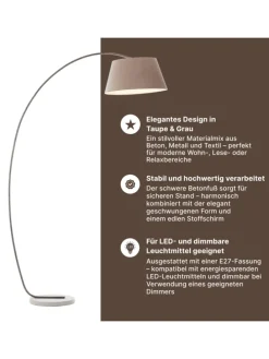 Brok Bogenlampe, 2 m, Taupe/Grau, E27, schwenkbar, Fußschalter, modern