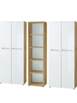 Büro-Set 2 Schränke & Regal, 240cm breit, Glasfront in Chalet-Eiche-Nb.-Weiß