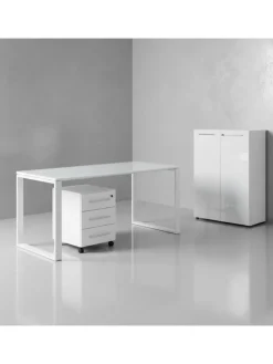 Büro-Set Schreibtisch Schrank Container Glasfront Modern in Weiß