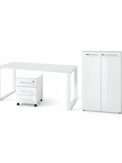Büro-Set Schreibtisch Schrank Container Glasfront Modern in Weiß