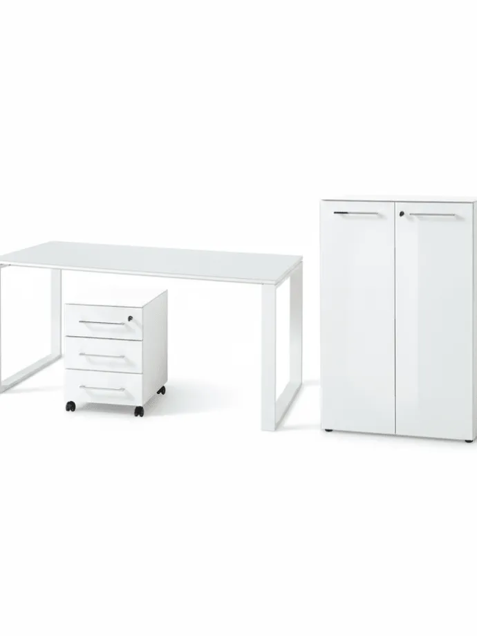 Büro-Set Schreibtisch Schrank Container Glasfront Modern in Weiß