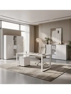 Büro-Set Schreibtisch Schrank Container Glasfront Modern in Weiß