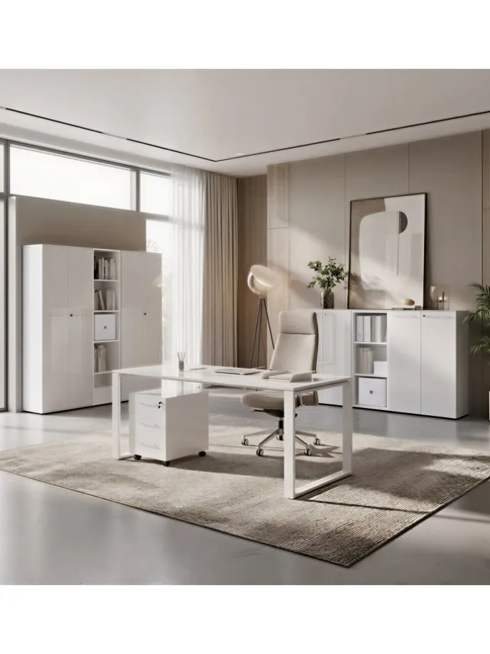 Büro-Set Schreibtisch Schrank Container Glasfront Modern in Weiß