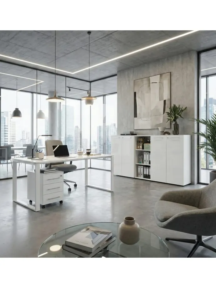Büro-Set Schreibtisch Schrank Container Glasfront Modern in Weiß