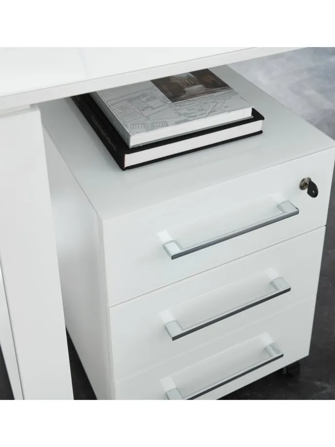 Büro-Set Schreibtisch Schrank Container Glasfront Modern in Weiß