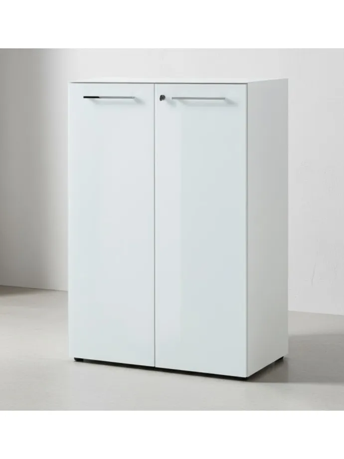 Büro-Set Schreibtisch Schrank Container Glasfront Modern in Weiß