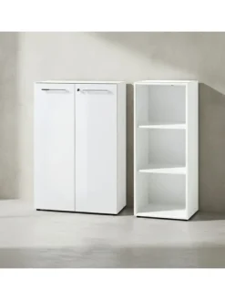 Büro-Set 2-tlg 120cm hoch Kommode x Regal, Glas Front in Weiß