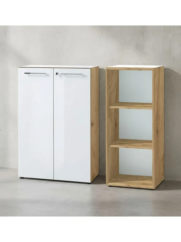 Büro-Set 2-tlg 120cm hoch Kommode x Regal, Glas Front in Chalet-Eiche-Nb.-Weiß