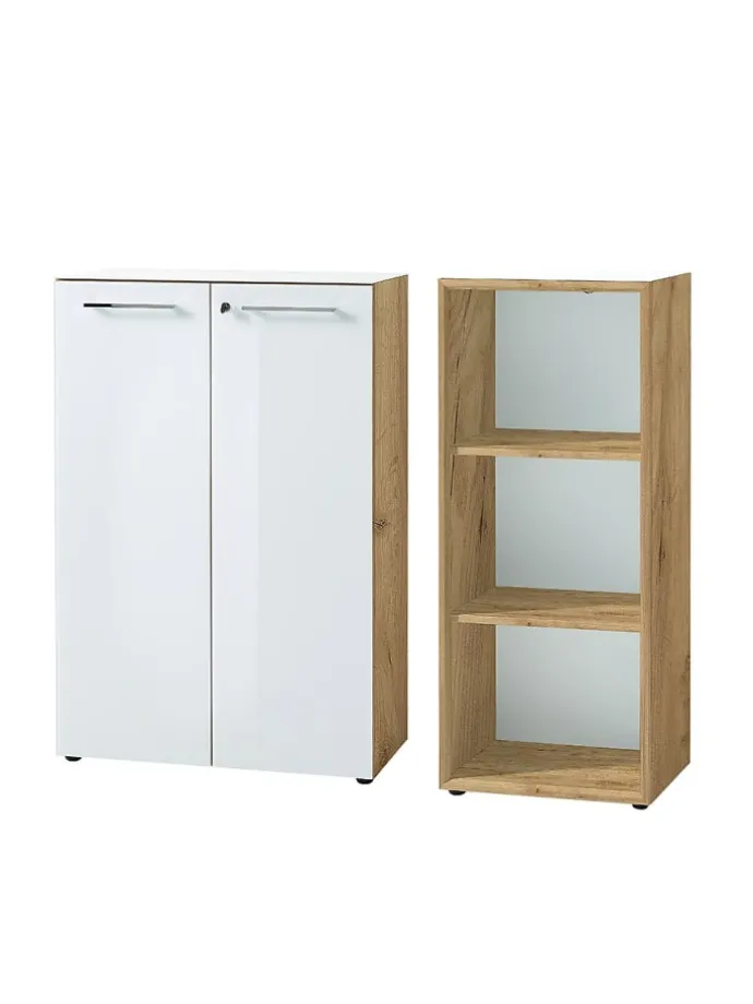 Büro-Set 2-tlg 120cm hoch Kommode x Regal, Glas Front in Chalet-Eiche-Nb.-Weiß