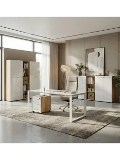 Büro-Set 2-tlg 120cm hoch Kommode x Regal, Glas Front in Chalet-Eiche-Nb.-Weiß