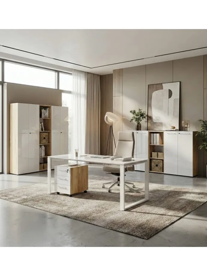 Büro-Set 2-tlg 120cm hoch Kommode x Regal, Glas Front in Chalet-Eiche-Nb.-Weiß