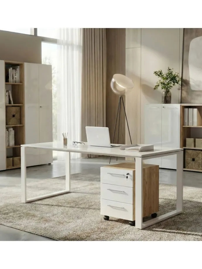 Büro-Set 2-tlg 120cm hoch Kommode x Regal, Glas Front in Chalet-Eiche-Nb.-Weiß