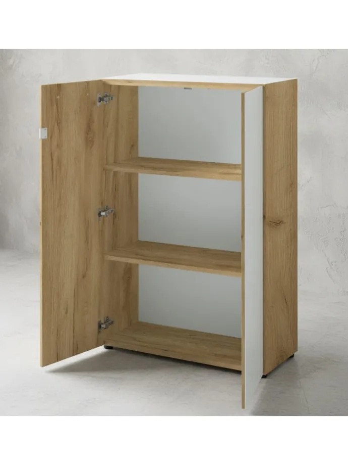 Büro-Set 2-tlg 120cm hoch Kommode x Regal, Glas Front in Chalet-Eiche-Nb.-Weiß