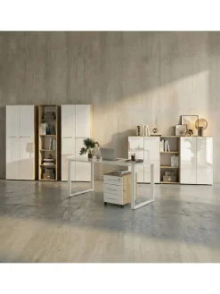 Büro-Set 8-tlg, Glas Abschließbar Modern Büromöbel in Chalet-Eiche-Nb.-Weiß