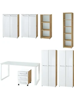 Büro-Set 8-tlg, Glas Abschließbar Modern Büromöbel in Chalet-Eiche-Nb.-Weiß