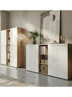 Büro-Set 8-tlg, Glas Abschließbar Modern Büromöbel in Chalet-Eiche-Nb.-Weiß