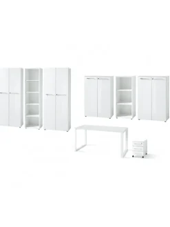 Büro-Set 8-tlg, Glas Abschließbar Modern Büromöbel in Weiß