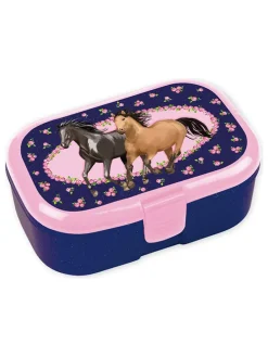 Brotdose "Pferde" in Dunkelblau/ Rosa - (L)16,5 x (B)10,5 x (H)6,5 cm
