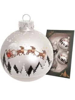Christbaumkugeln "Santa mit Rentieren" in Silber - 4 Stück - Ø 7 cm