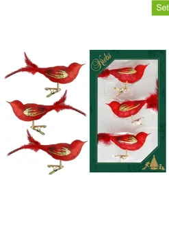 Christbaumornamente "Glasvögel" in Rot/ Gold - 3 Stück