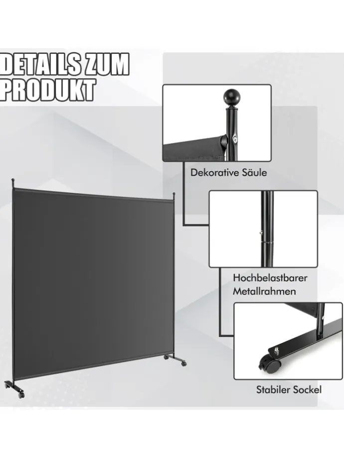184cm Raumteiler auf Rollen in Grau