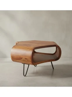 Couchtisch | Sheesham, 55x55x38cm, Ablage, Metallgestell