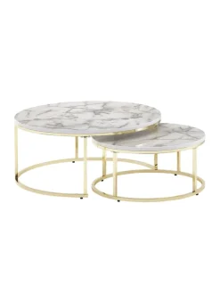 Couchtisch 2er-Set | Marmor-Optik Weiß-Gold, Metall, Rund in Gold