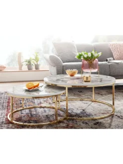 Couchtisch 2er-Set | Marmor-Optik Weiß-Gold, Metall, Rund in Gold
