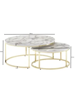 Couchtisch 2er-Set | Marmor-Optik Weiß-Gold, Metall, Rund in Gold