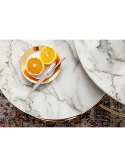 Couchtisch 2er-Set | Marmor-Optik Weiß-Gold, Metall, Rund in Gold