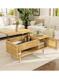Couchtisch in Braun mit anhebbarer Platte und Rattantüren Stauraum Funktion