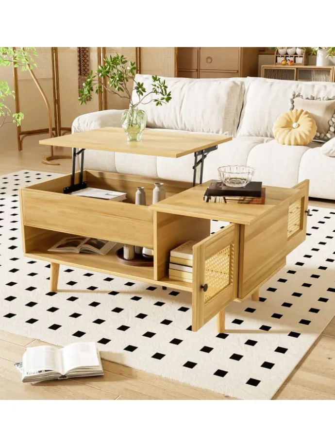 Couchtisch in Braun mit anhebbarer Platte und Rattantüren Stauraum Funktion